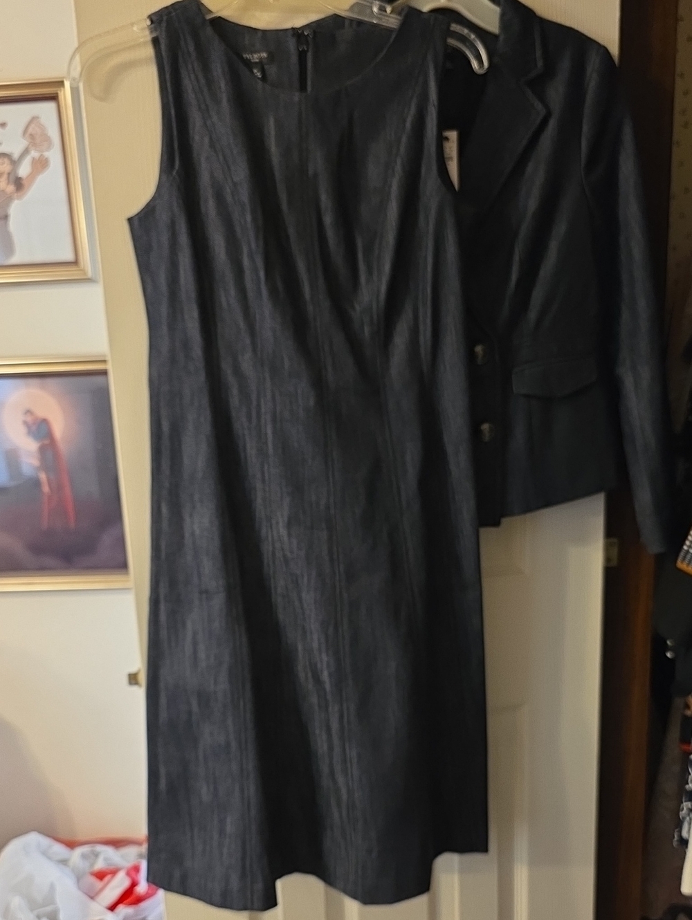 Black Denim Sleeveless Dress And Matching Black Denim Double-Breasted Jacket